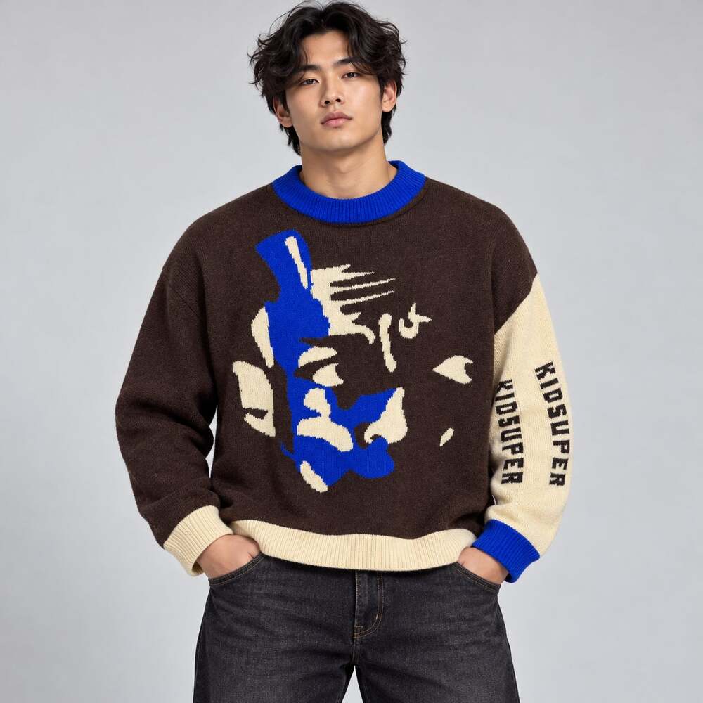 KidSuper Studios Jazz Club Face Knit Sweater Wool Brown Blue XL SS23 Streetwear